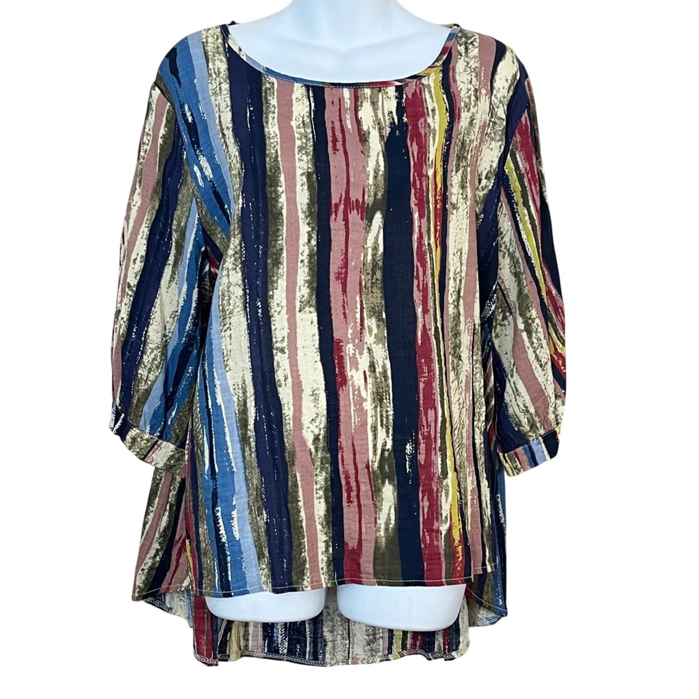 Cellabie Water Color Abstract Stripe Lagenlook Top Women's Size 2X